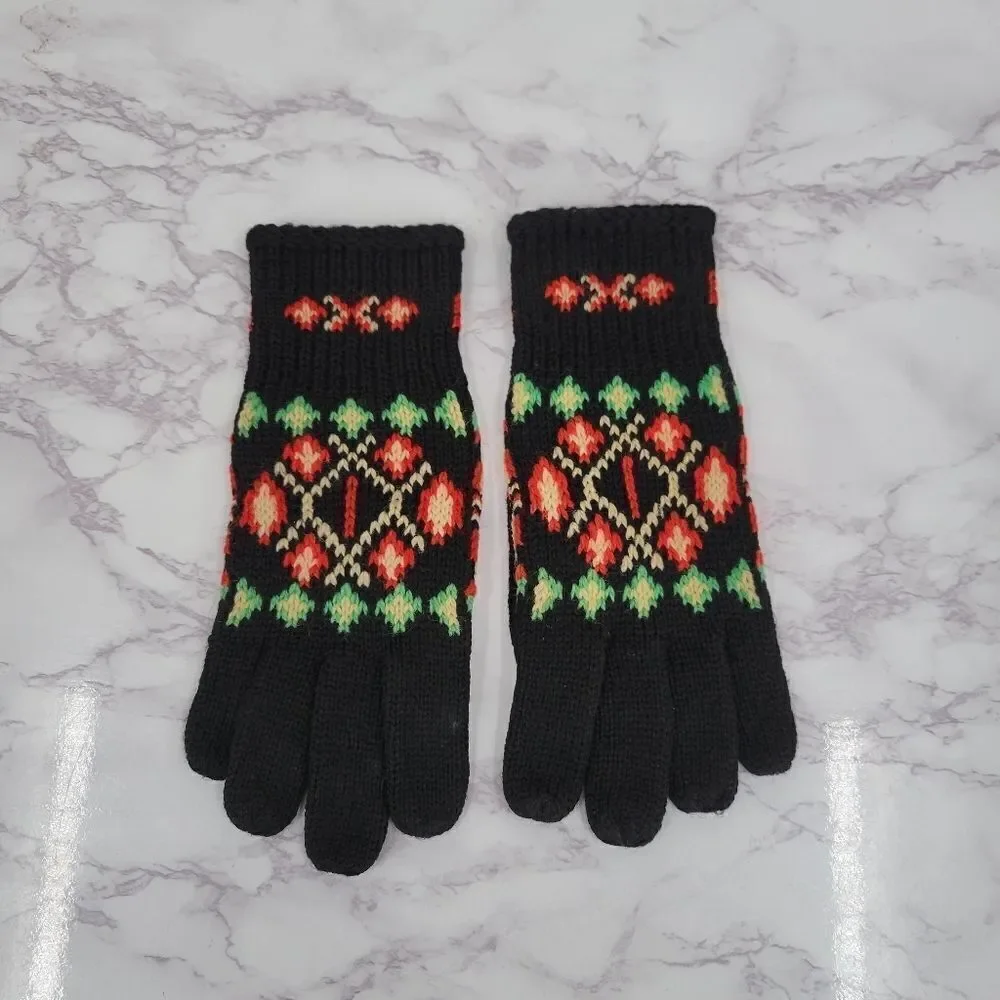 Vintage Handknit Gloves Black with Green Red Cream Nordic Fair Isle Designs